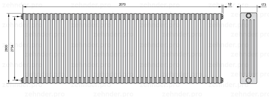 Схема (чертеж) Радиатор Zehnder Charleston 5280/45 №1270 Белый глянцевый RAL 9016